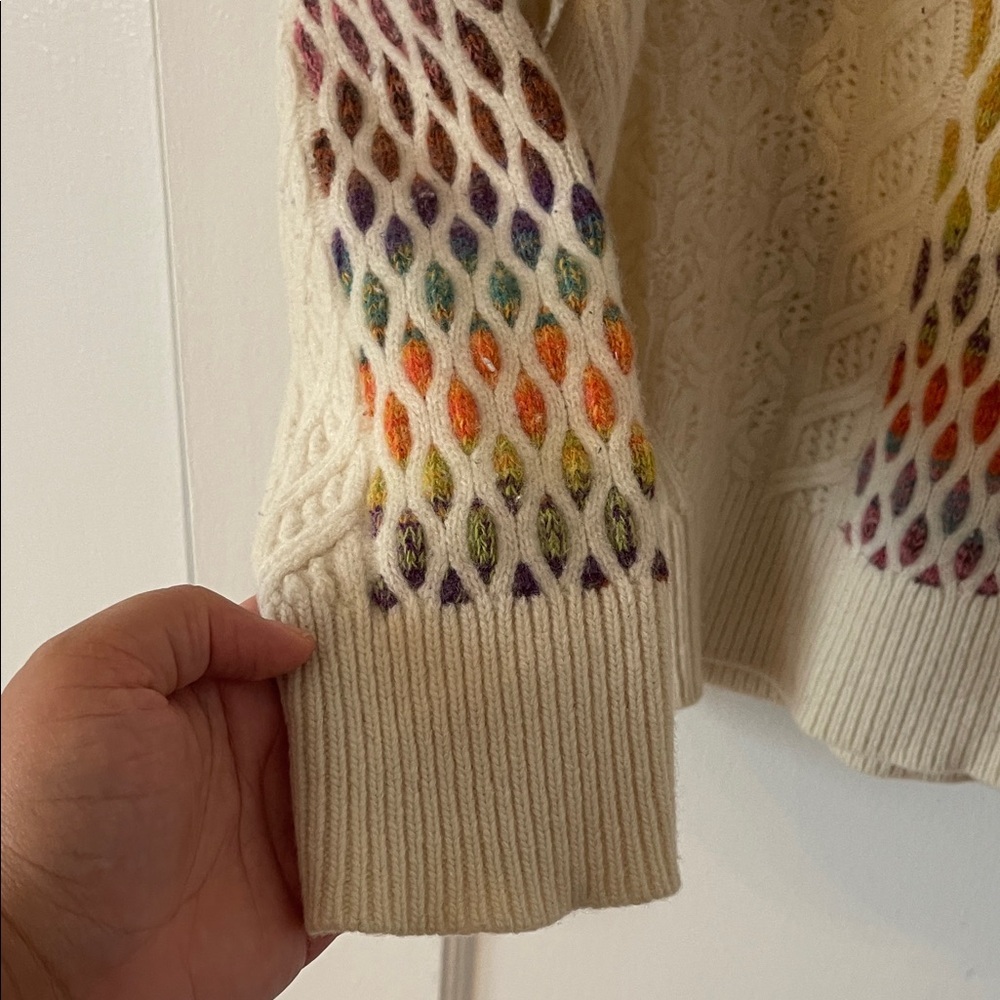 Anthropologie Maeve Cream V-Neck Wool Sweater with Colorful Details - Picture 9 of 12